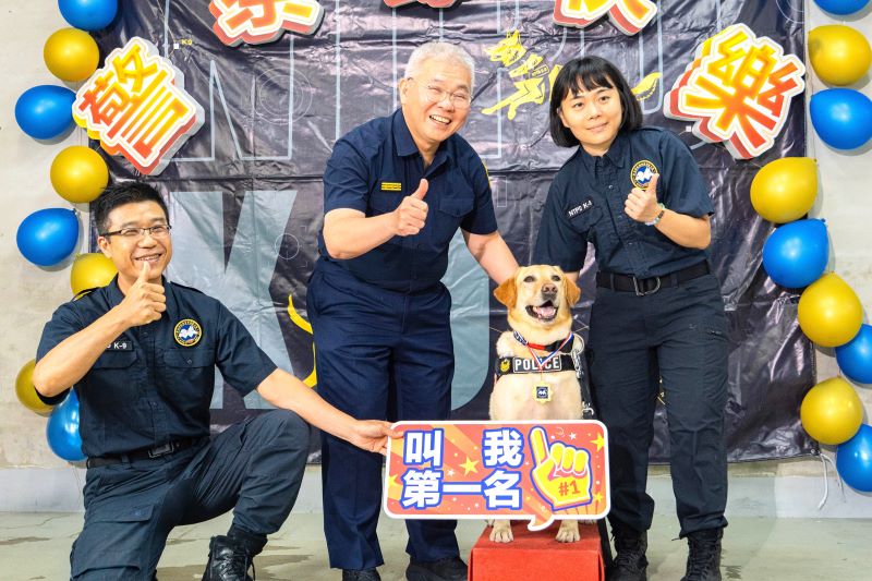 《圖說》新北警察局長方仰寧頒贈榮譽勳章予警犬KENJI，表揚於緝毒工作中的卓越貢獻。〈警察局提供〉